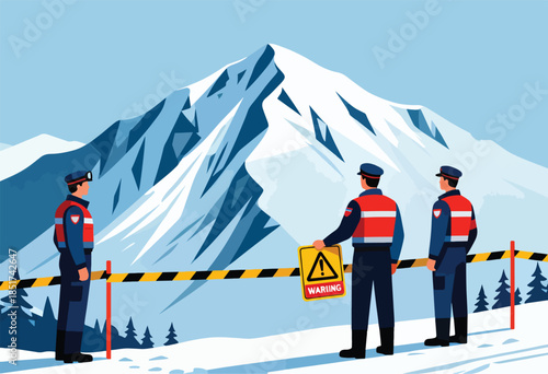 Officials guard a mountain area with warning tape & signs