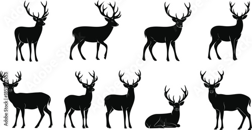 Silhouette of various deer poses isolated on transparent background