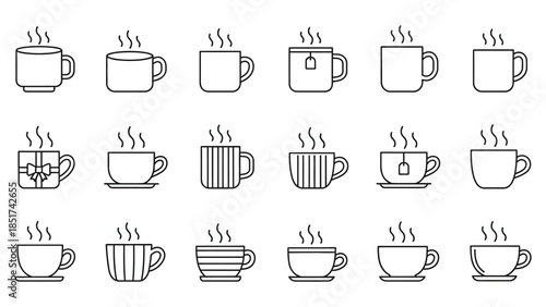 Collection of hot beverage icons featuring different styles of steaming coffee and tea mugs