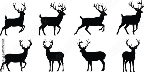 Eight black silhouettes of deer isolated on transparent background