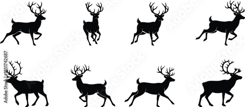 Set of black deer silhouettes isolated on transparent background