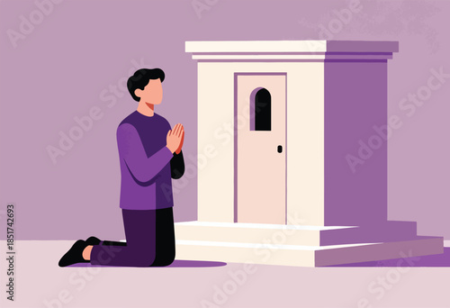A person kneels in prayer before a modest building with a single arched door