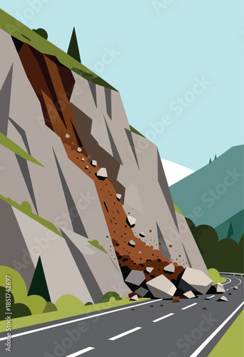 A rocky landslide descends onto a road, blocking passage through a mountainous landscape