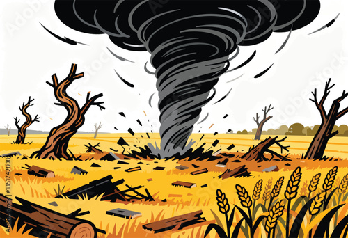 Devastating tornado rips through a field, destroying trees, debris, and crops