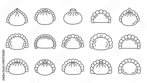 Collection of black and white outline icons representing various types of Asian dumplings and buns