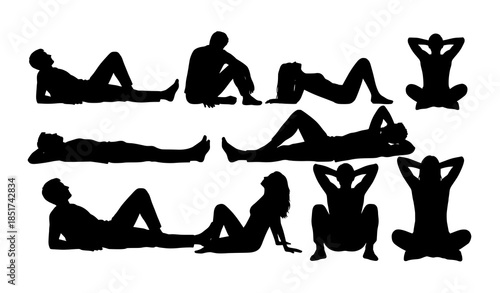 Resting people silhouettes vector set showing leisure and relaxation poses isolated on transparent background