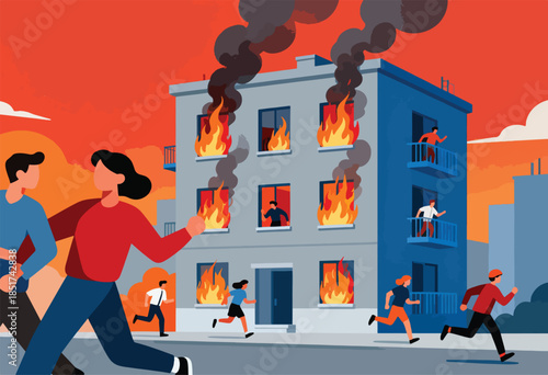 People flee a burning building under a fiery orange sky