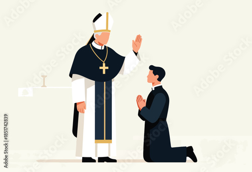 Clergy blessing kneeling figure, solemn ritual, religious ceremony