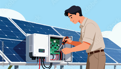Technician adjusts solar panel inverter box