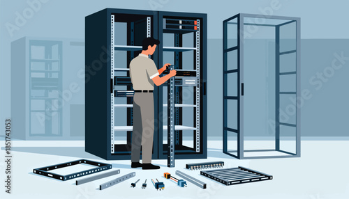 Technician works on server rack, surrounded by disassembled parts