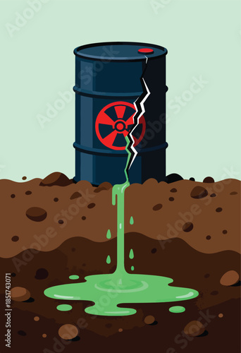 Leaking toxic waste drum contaminates soil with green liquid