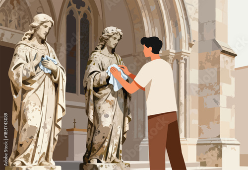 Man cleans aged stone statues outside a gothic-style building