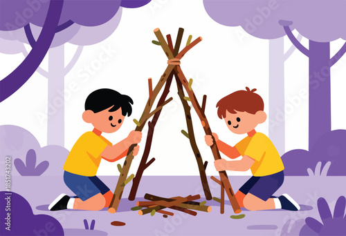 Children building a stick fort in a simplified forest