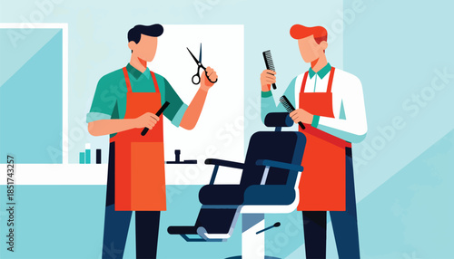 Two barbers with aprons stand by a barber chair holding scissors and combs