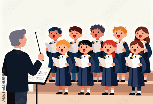 A choir of diverse children sings joyfully, led by a conductor with a baton