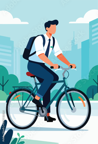 Person commuting by bicycle through a city park with trees and buildings