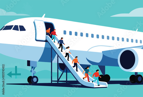 Stylized people disembarking from a large white aircraft via a blue airstair