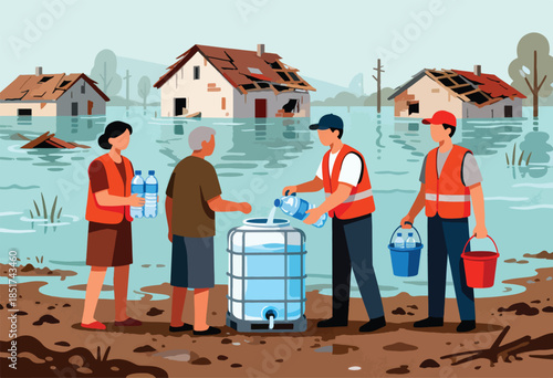 Flood victims receive bottled water and aid from relief workers