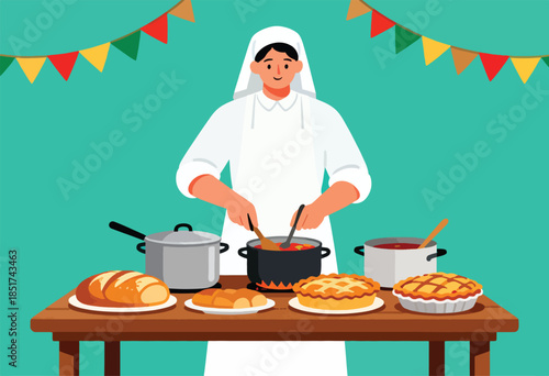 Person in white habit cooks soup and prepares baked goods in festive setting