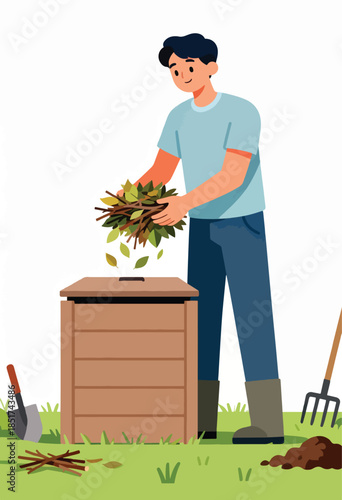 A man adds leaves and twigs to a compost bin in his yard