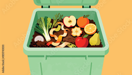 A green bin overflowing with compostable food scraps, including fruits, vegetables, and peels