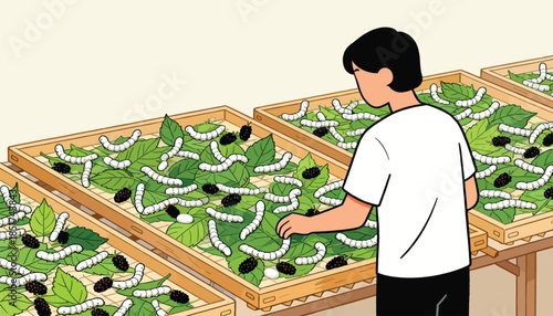 Person tending to many silkworms on mulberry leaves in trays