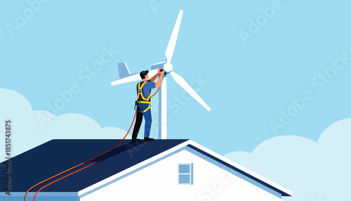 Technician performs maintenance on a rooftop wind turbine with safety harness