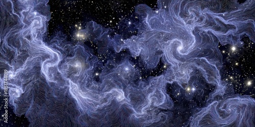 Abstract cosmic nebula illustration with stars and swirling textured clouds