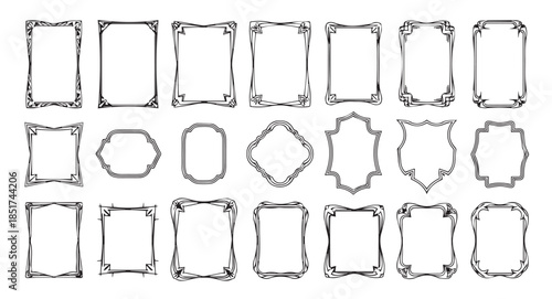 Vintage Ornamental Border Frames Set, Luxury Art Nouveau Decorative Frames Pack for Wedding Invitations, Certificates and Labels, Black Ink Vector Illustration on White Background.