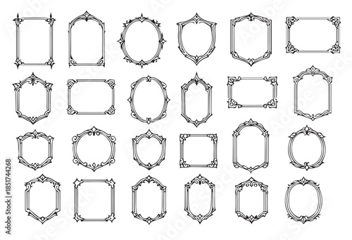 Vintage Gothic Heraldic Frames and Shields Collection, Ornate Crest Borders Set, Luxury Antique Decorative Labels for Wedding Invitations, Royal Certificates and Victorian Branding.