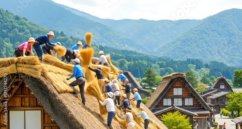Japanese villagers work in unison, passing straw bundles up a traditional gassho-zukuri farmhouse roof amidst a lush mountain landscape