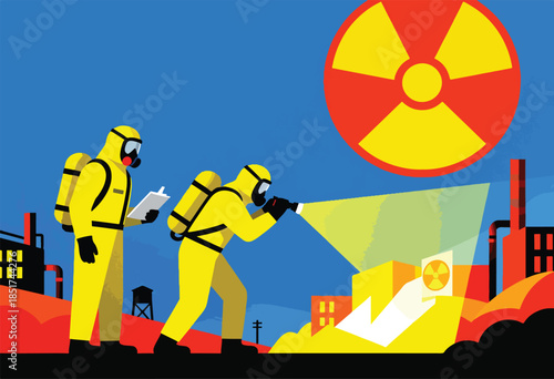 Two figures in hazmat suits with gas masks, near a factory and a radiation symbol