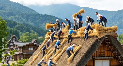 A community of villagers collaborates, passing straw bundles in a line to re-thatch the roof of a traditional Gassho-zukuri farmhouse