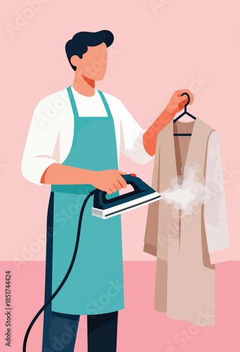 A person in an apron steams a garment hanging on a hanger