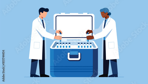 Two scientists in lab coats handle test tubes near a blue cooler