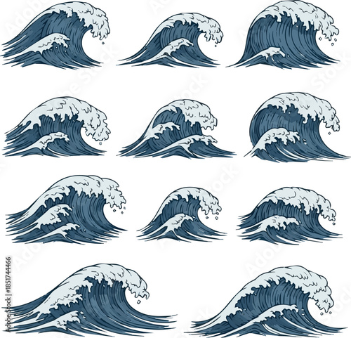 Isolated kinds of Ocean waves collection. Sea storm wave isolated. Waves, water elements set. Nature wave water storm linear style illustration.