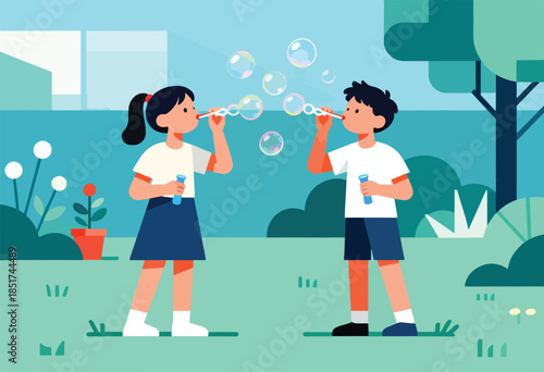 Two children blowing colorful bubbles in a park setting