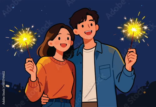 A happy couple holding sparklers at night, silhouetted cityscape in background