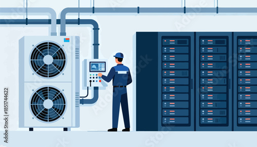 Technician adjusts climate control for server racks in a cool, blue-toned room