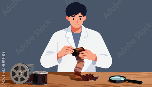 Person in lab coat examining film reels and a magnifying glass on a table