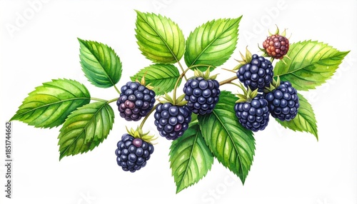 Watercolor Blackberry Branch - Fresh Berries and Green Leaves.
