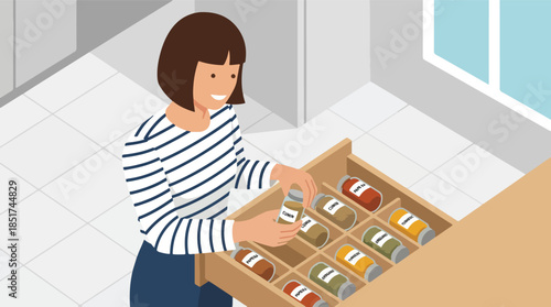 Person organizing spice jars in a kitchen drawer