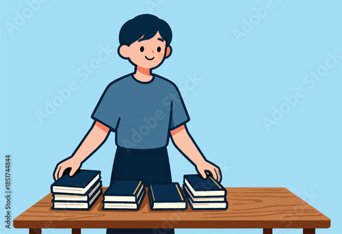 Friendly person arranges stacks of books on a wooden table