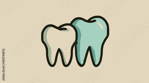 Two stylized cartoon teeth illustration, one small white and one large blue, symbolizing dental health, oral care, and dentistry concept.