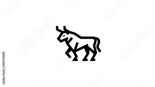 Modern minimalist black line art vector icon of a strong standing bull with horns, symbolizing strength and power.