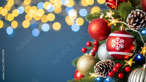 Close-up of Festive Christmas Tree Decorations with Pinecones and Red Baubles in Holiday Indoor Setting