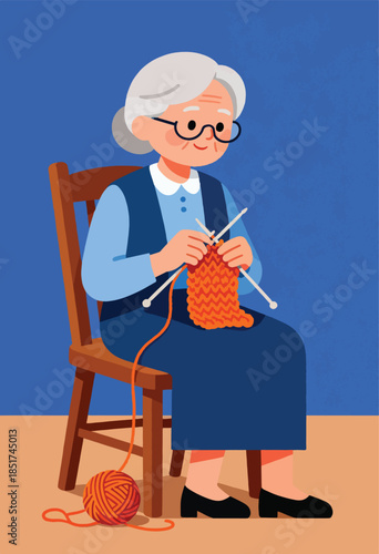 An elderly person with grey hair and glasses knits with orange yarn