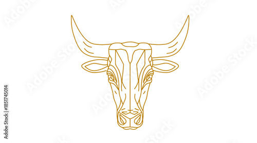 Elegant golden bull head line art illustration, minimalist stylized cattle outline, powerful animal symbol of strength and determination.