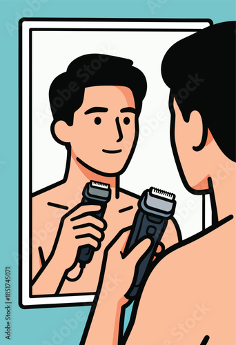 Man shaves in mirror with electric razor