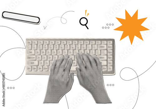 Halftone collage hands typing on keyboard ,search bar, online search discovery concept
